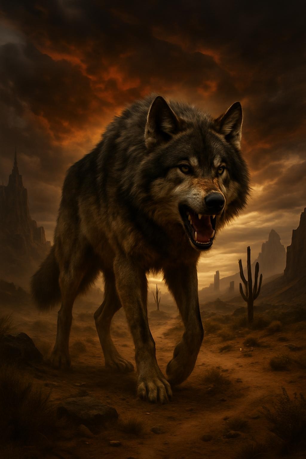 Add a giant wolf to a dramatic desert landscape with an apocalyptic sky.
